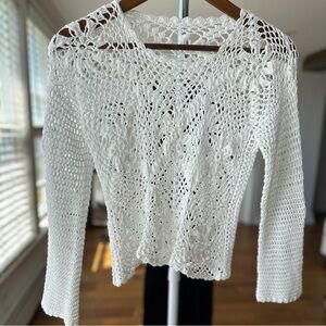 White Crochet Knit Sweater with Long Sleeves and Crew Neck, cotton knit